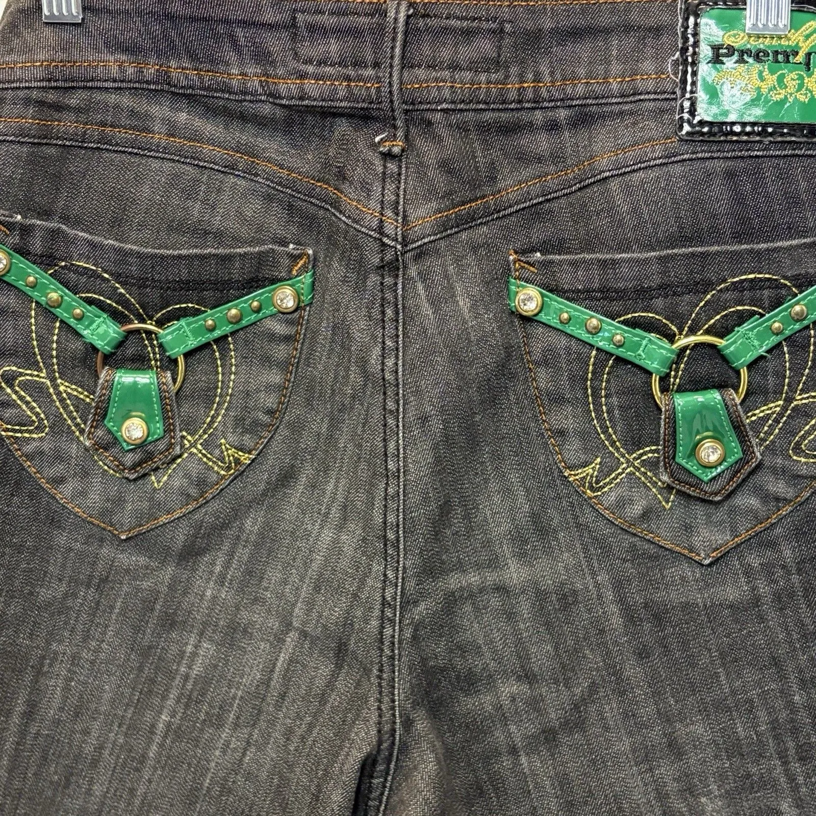 Southpole Womens Premium Jeans Gray Green Belt Strips Rhinestones Size 13 Black - Image 9