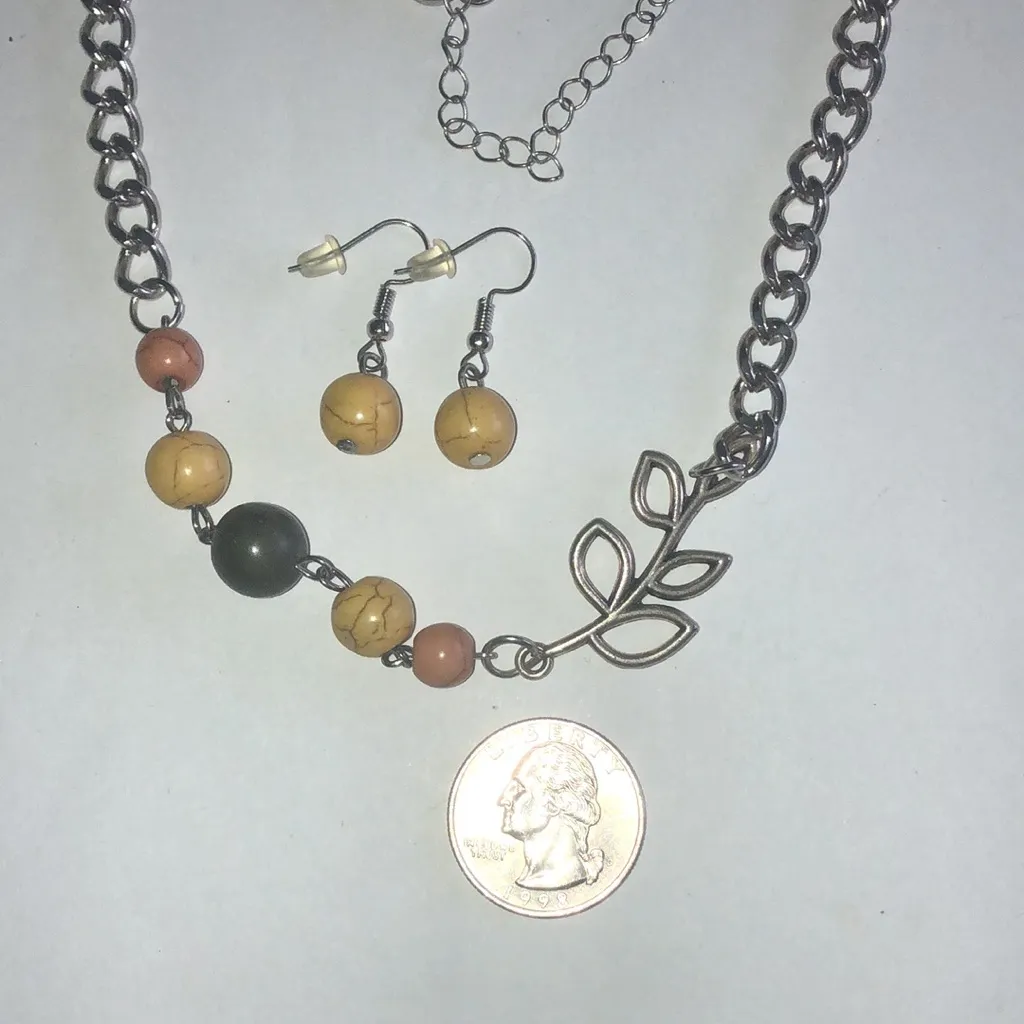 Silver Tone Chain Necklace Earring Set with Leaf Accent and Multicolor Beads - Image 3