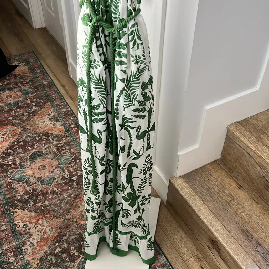 🍃 Tropical Floral Kay Halter Neck Maxi Dress Rope Green & White Size M - Image 5