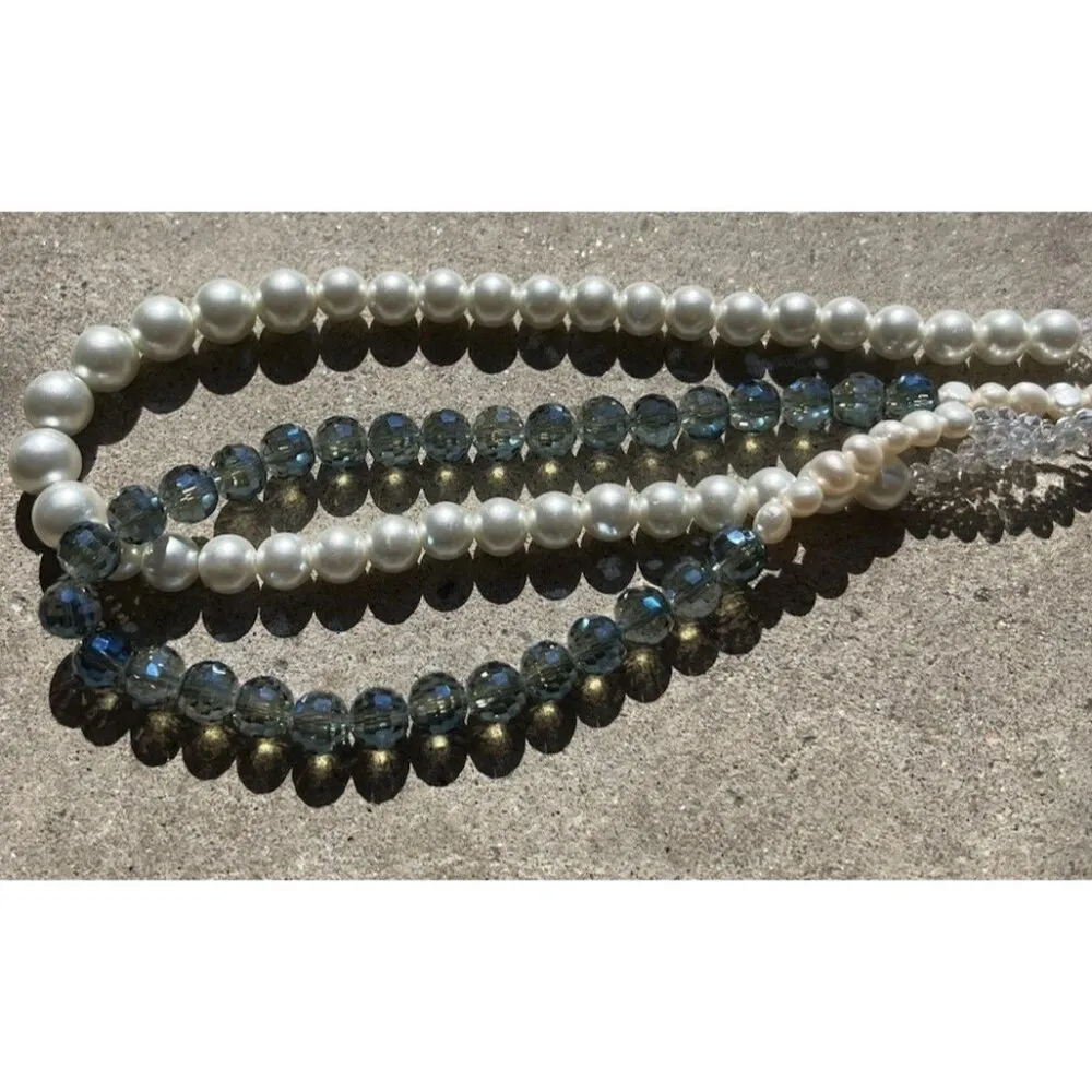 Vintage Layered Pearl Multi Layered White Blue Bead Round Glass Necklace Sz 22” - Image 9