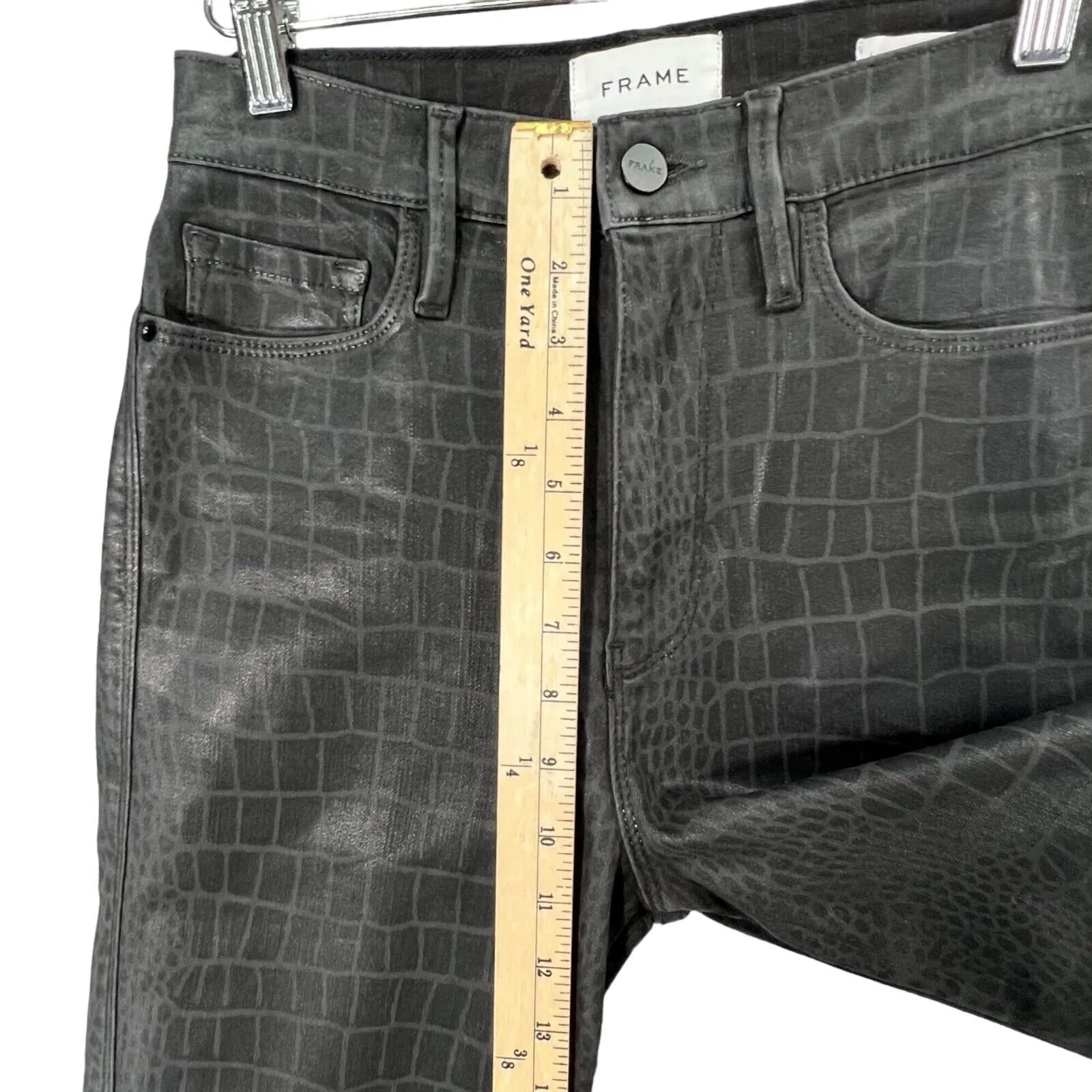 FRAME Le Sylvie Croc Embossed Pants 27 Black Faux Leather Slender Straight Leg - Image 9