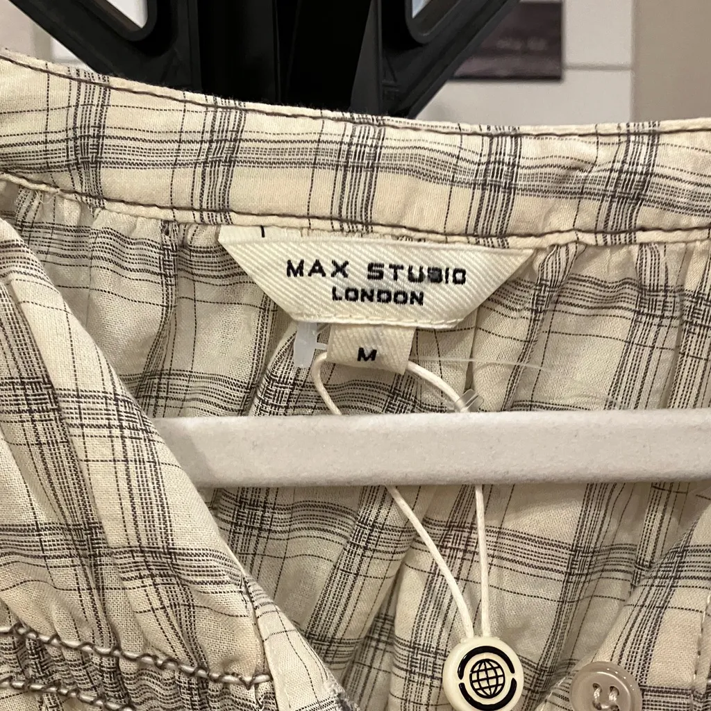 Max Studio Beige Plaid Smocked Blouse - Image 2
