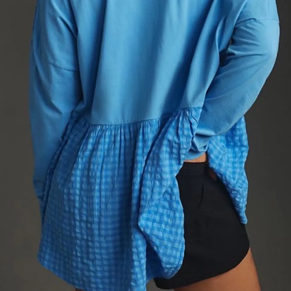 Anthropologie Pilcro Long-Sleeve Babydoll Top Size Small Blue Blouse Gingham - Image 2