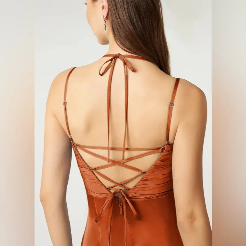AZAZIE Desi Sheath Halter Corset Stretch Satin Dress Orange Size 12 NWT - Image 2