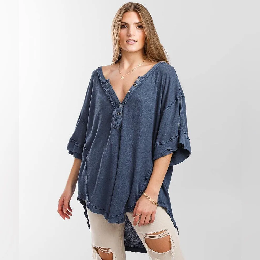 Free People We The Free Blue Heritage Henley T-Shirt Linen Blend Size Large - Image 3