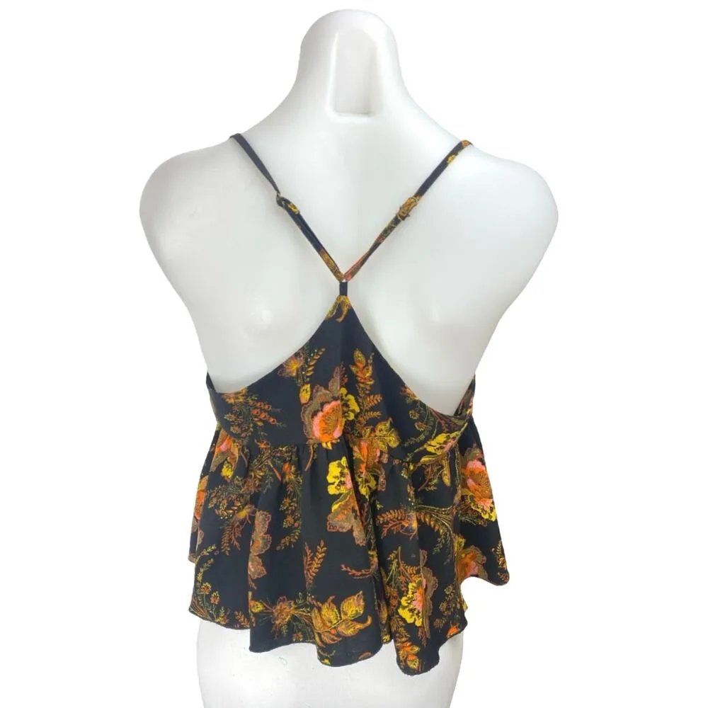 Urban Outfitters Black Floral Sleeveless Tie Wrap Ruffle Blouse Tank Crop Top S - Image 2