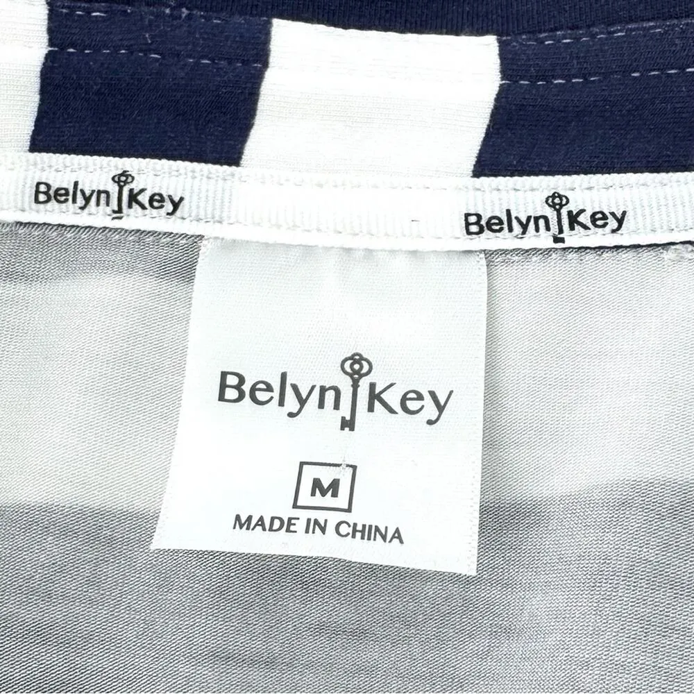 Belyn Key Split Neck Sleeveless Top Navy and White Stripes Size Medium Blue - Image 6