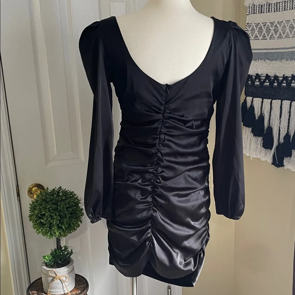 Black Satin Long Sleeve Whimsigoth Ruched Dress - Image 2