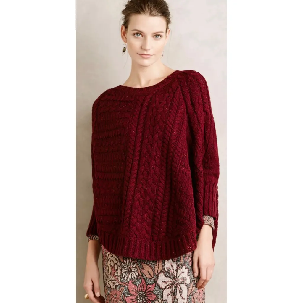 Angel of the North Burgundy Cable Knit Batwing Poncho Anthropologie Curved Small Red - Image 2