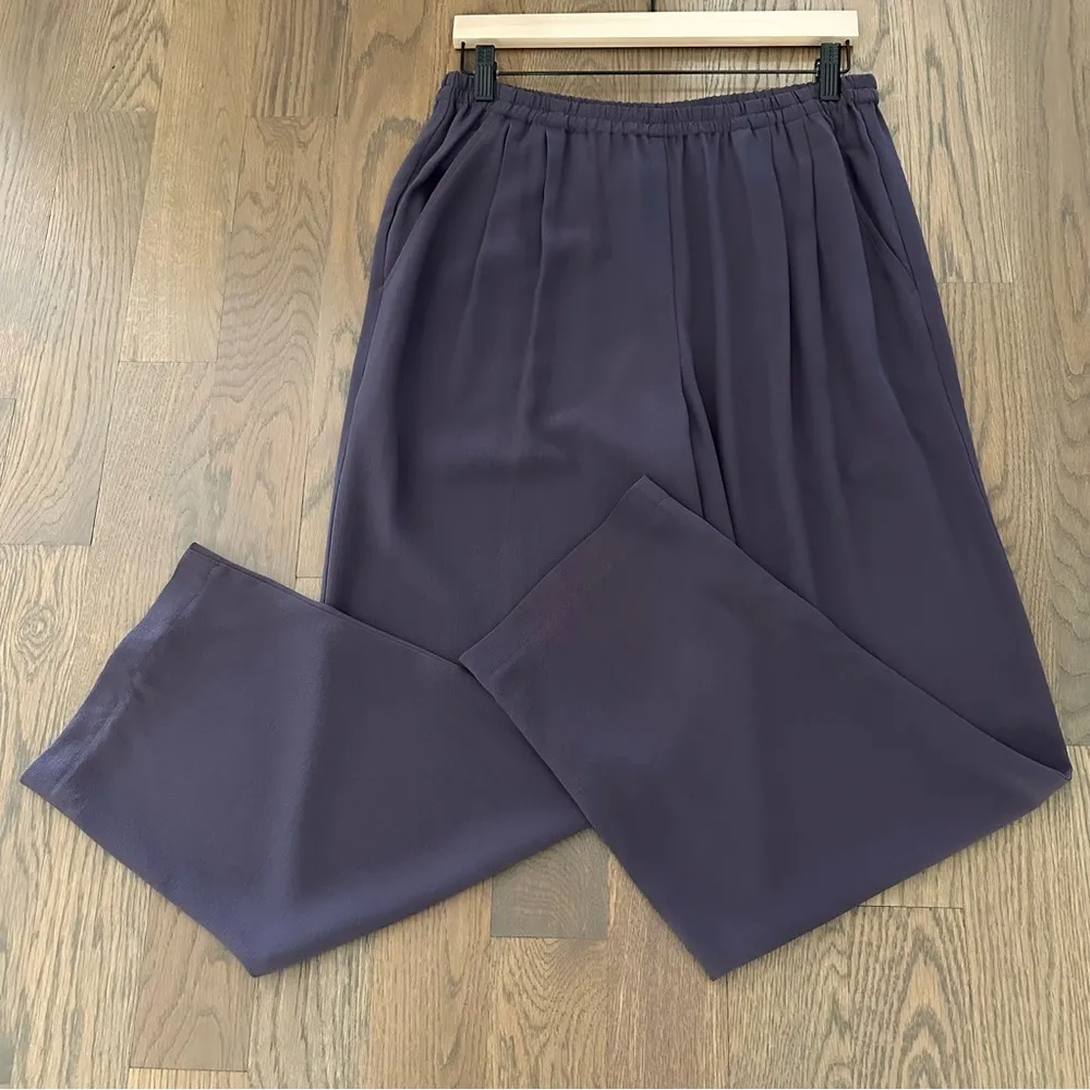 Eileen Fisher 100% Silk Georgette Elastic Waist Wide Leg Pant Dusty Purple Small - Image 6