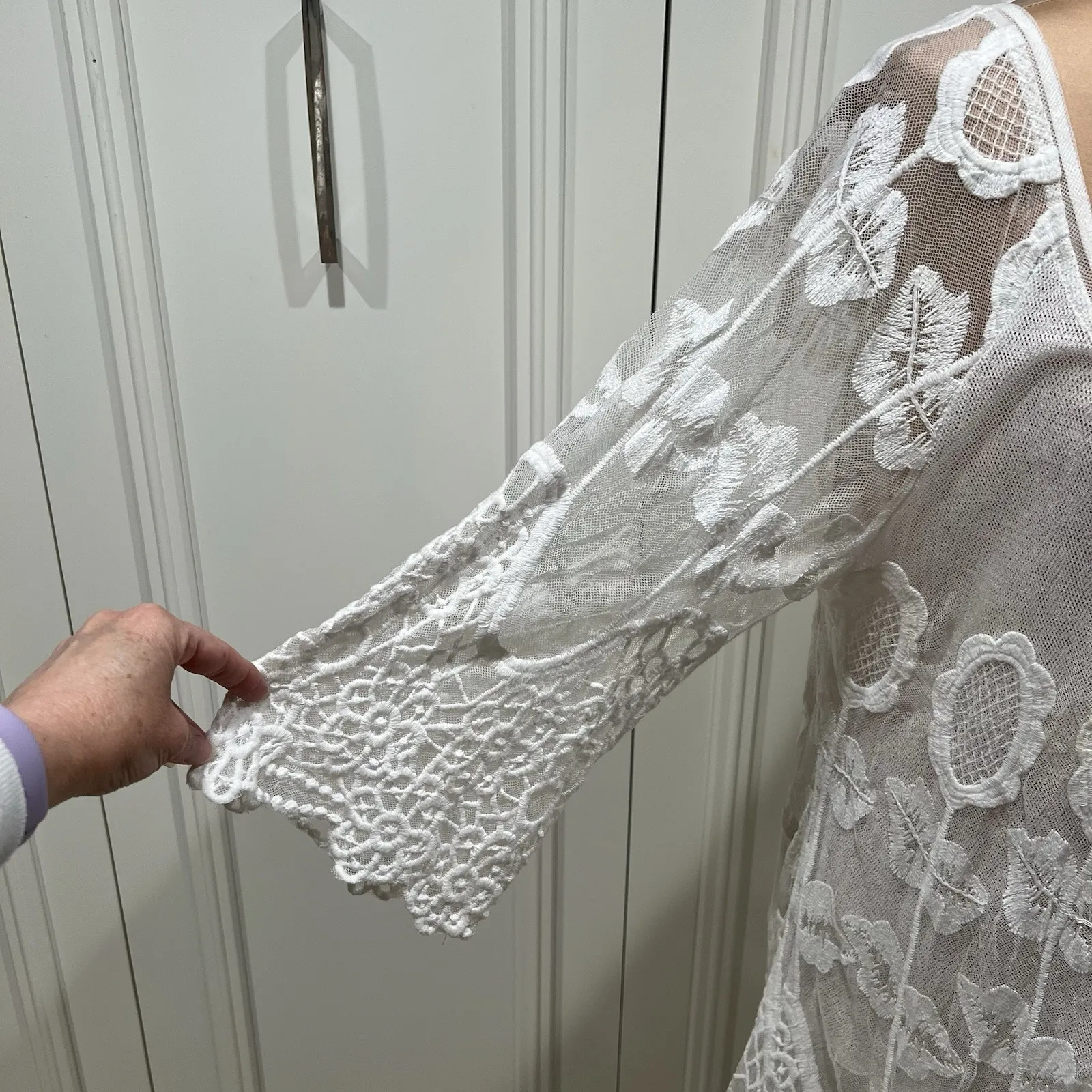 XCVI White Mesh Crochet Embroidered Pullover Tunic Lined Ethereal Angelic Boho - Image 6