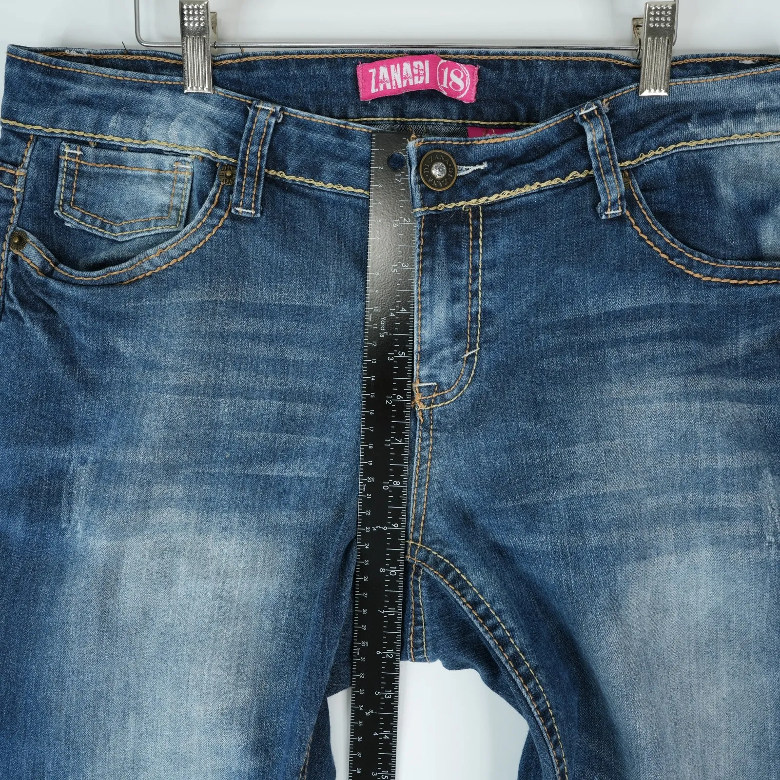 Vtg Zanadi Jeans Womens 18 (36x31.5) Blue Denim Cross Bling Embroidered Y2K - Image 10