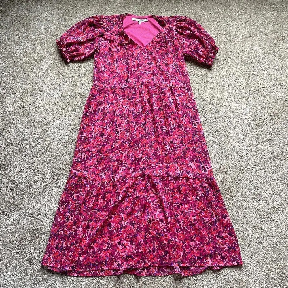 NEW Collective Concepts Ruffle Short Sleeve Midi Dress In Magenta Floral Pink XS - Image 2