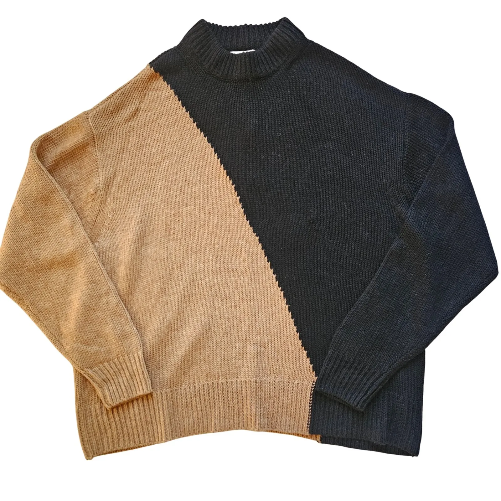 NWT L'Academie Dagan Color Block Crewneck in‎ Black Brown Sweater L - Image 6