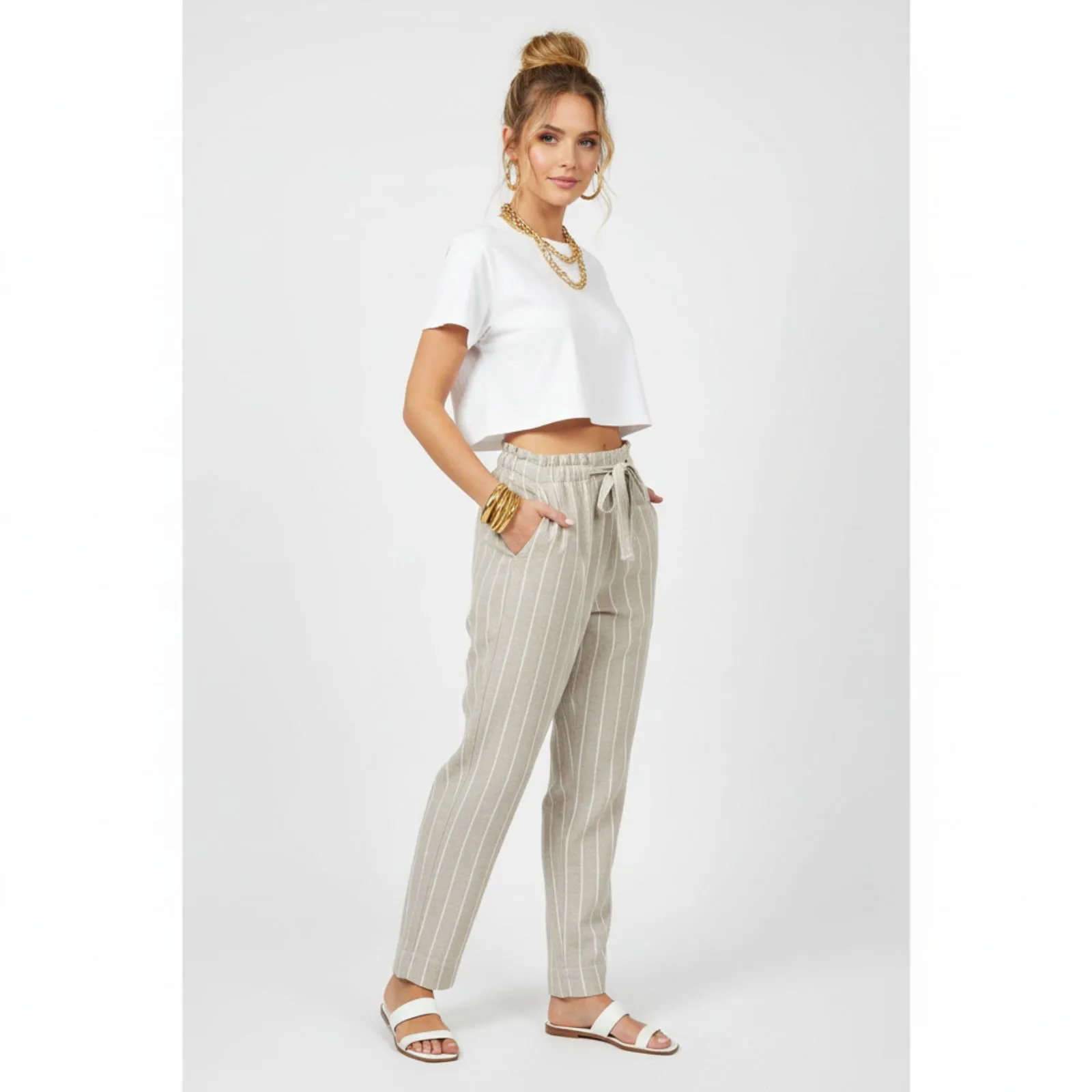 Beach Lunch Lounge Linen Blend Giavanna  Sailing Tan & White Pants XS - Image 11