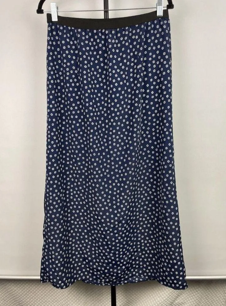 Sanctuary Navy Blue Daisy Floral Midi Pull On Front Side Slit Slip Skirt Size XL - Image 4