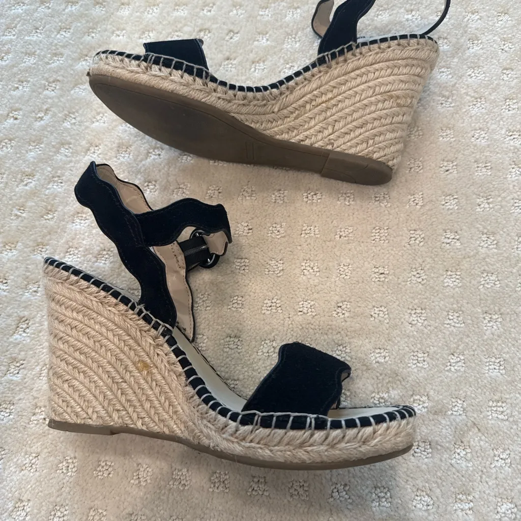 Marc Fisher Black Suede Scallop Espadrille Wedge Sandals Size 10M - Image 6