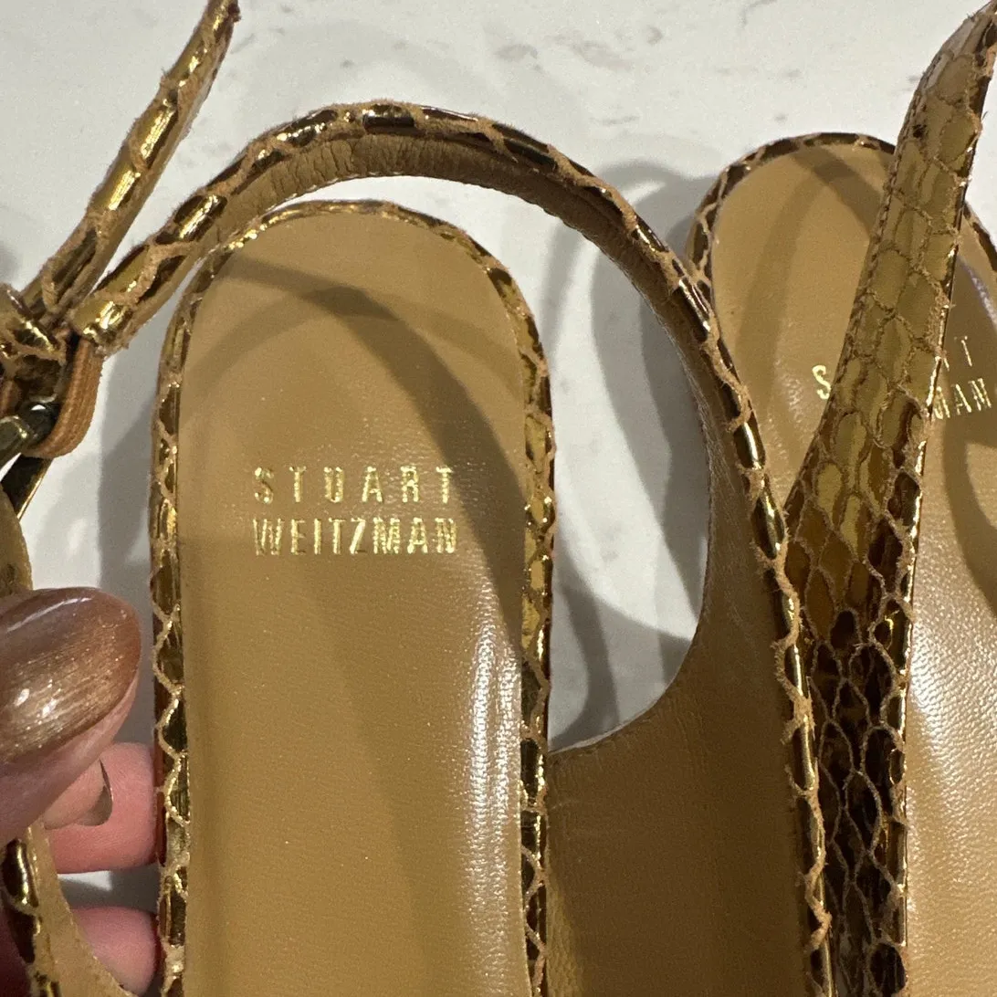 Stuart Weitzman Minnie Python Serpent Gold Metallic Slingback Flat, 8, Like New - Image 5