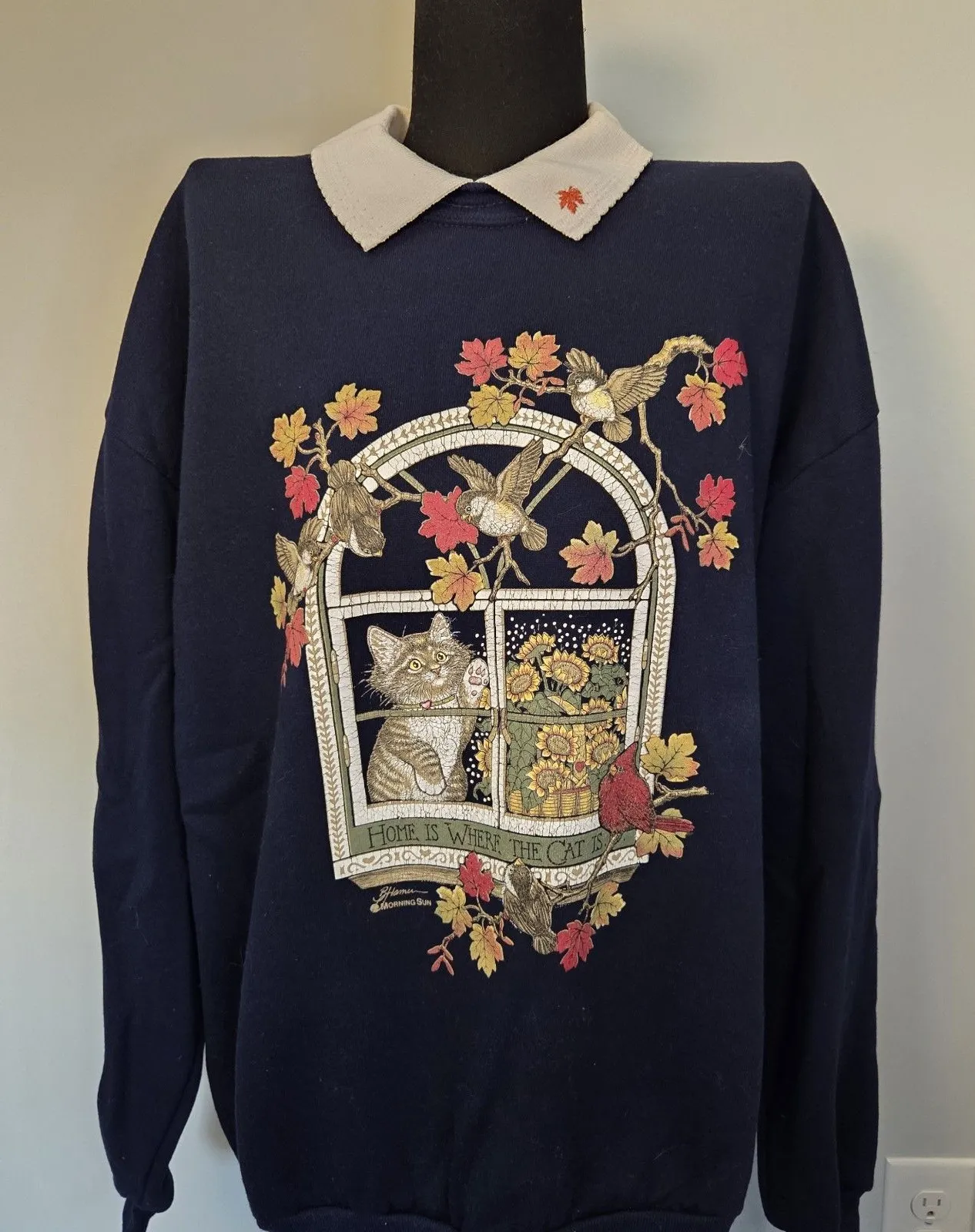 Vintage Morning Sun Sweatshirt Extra Large Navy Fall Leaves Cat Pullover 90s Blue Size XL - Image 1
