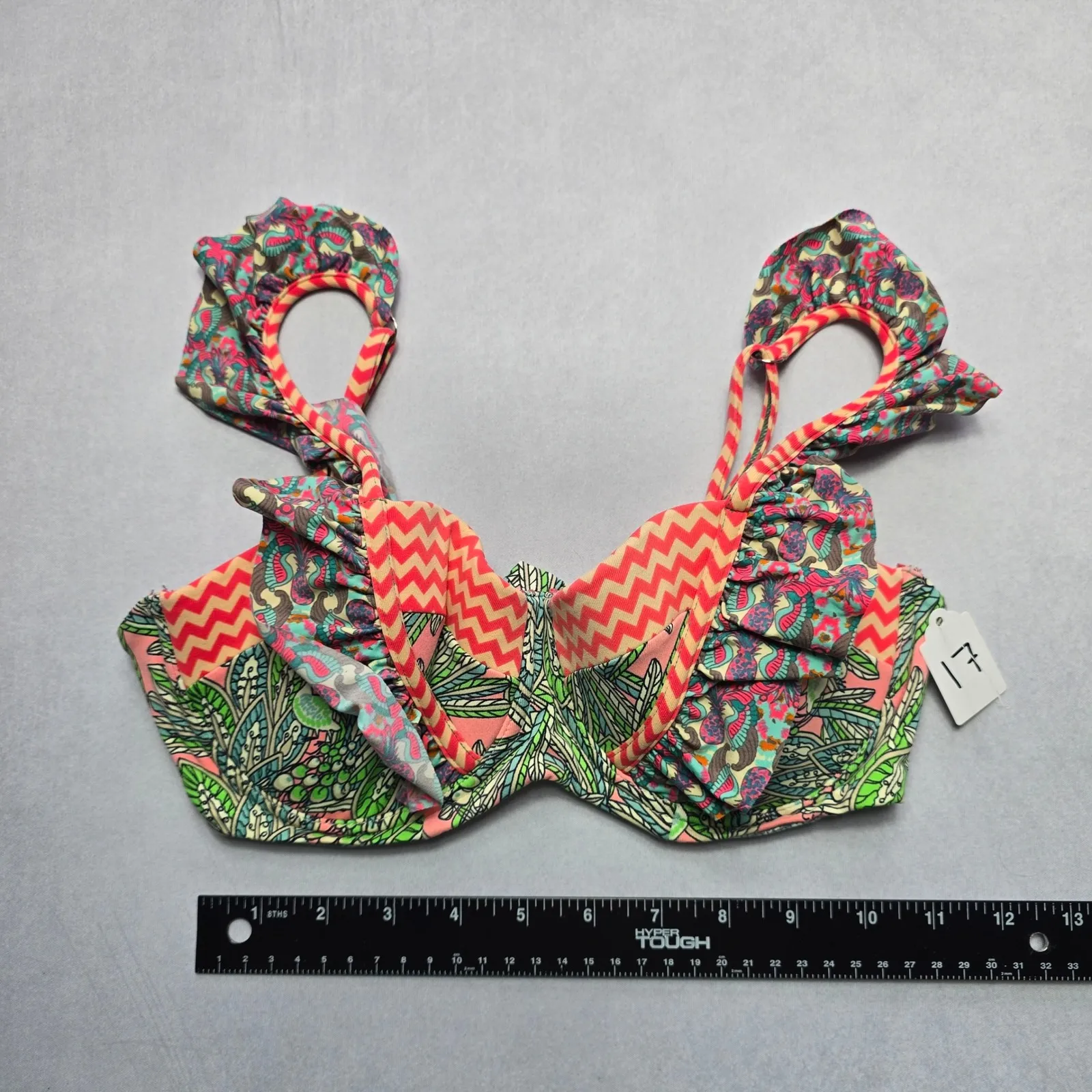 Maaji Pink Geometric Ruffle Padded Tie Floral Swim Bra Beach Bikini Top‎ L Large - Image 3