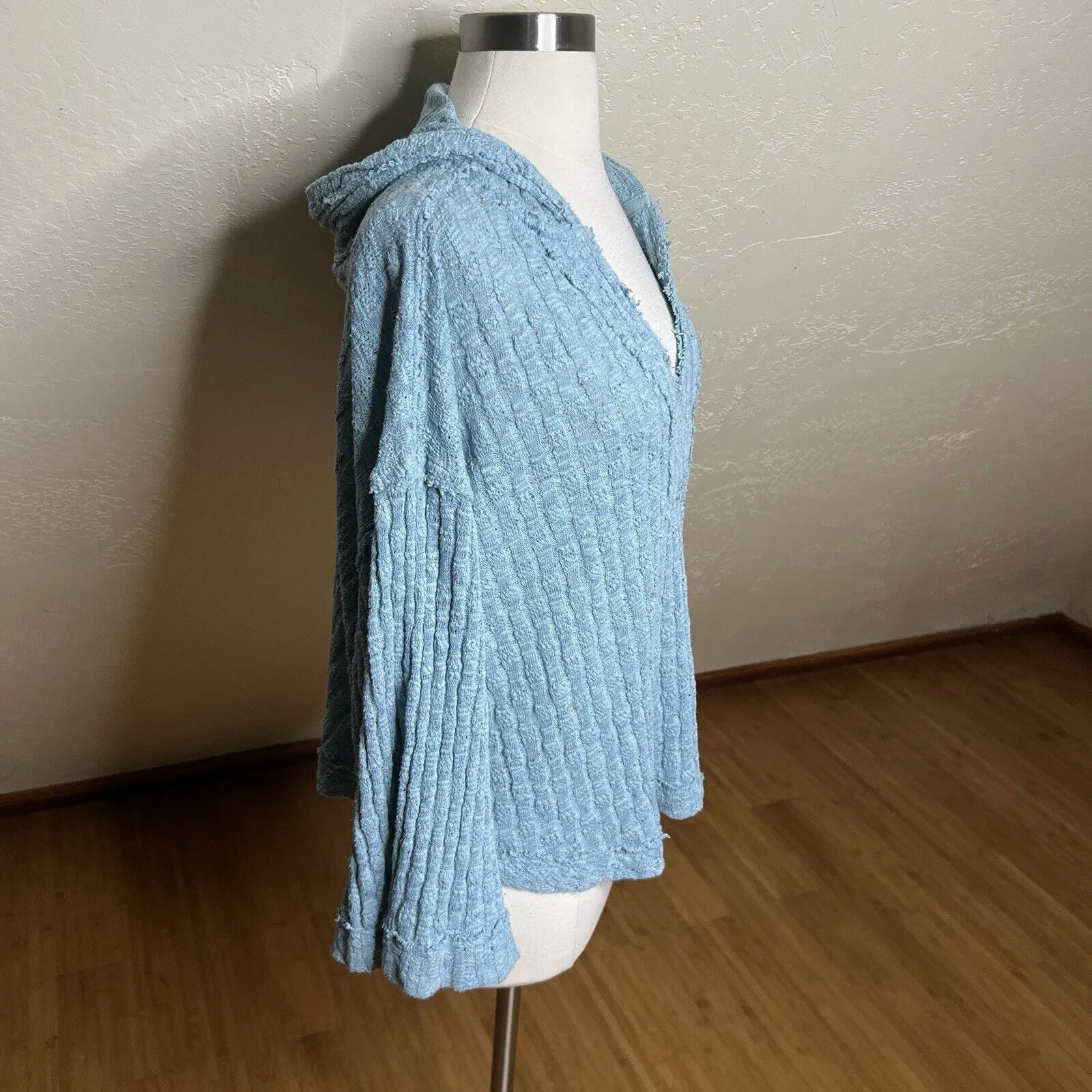 Free People Sweater Womens XS Blue Baja Babe Hooded Flared Sleeves Oversized - Image 6