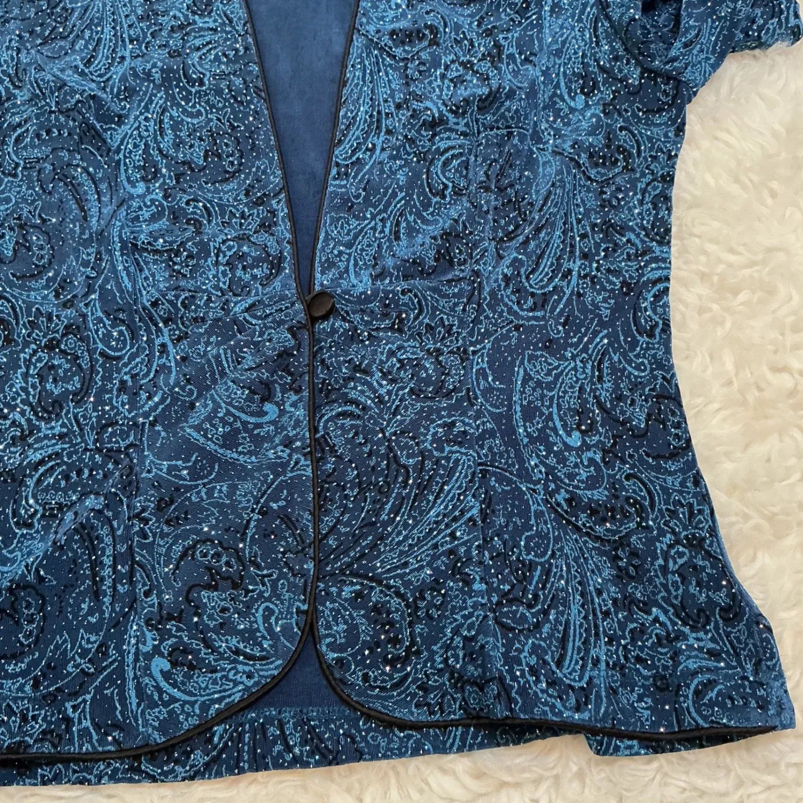 ONYX Nite Blue Paisley Sparkle Rhinestone Open Front Blazer Jacket Women S - Image 6