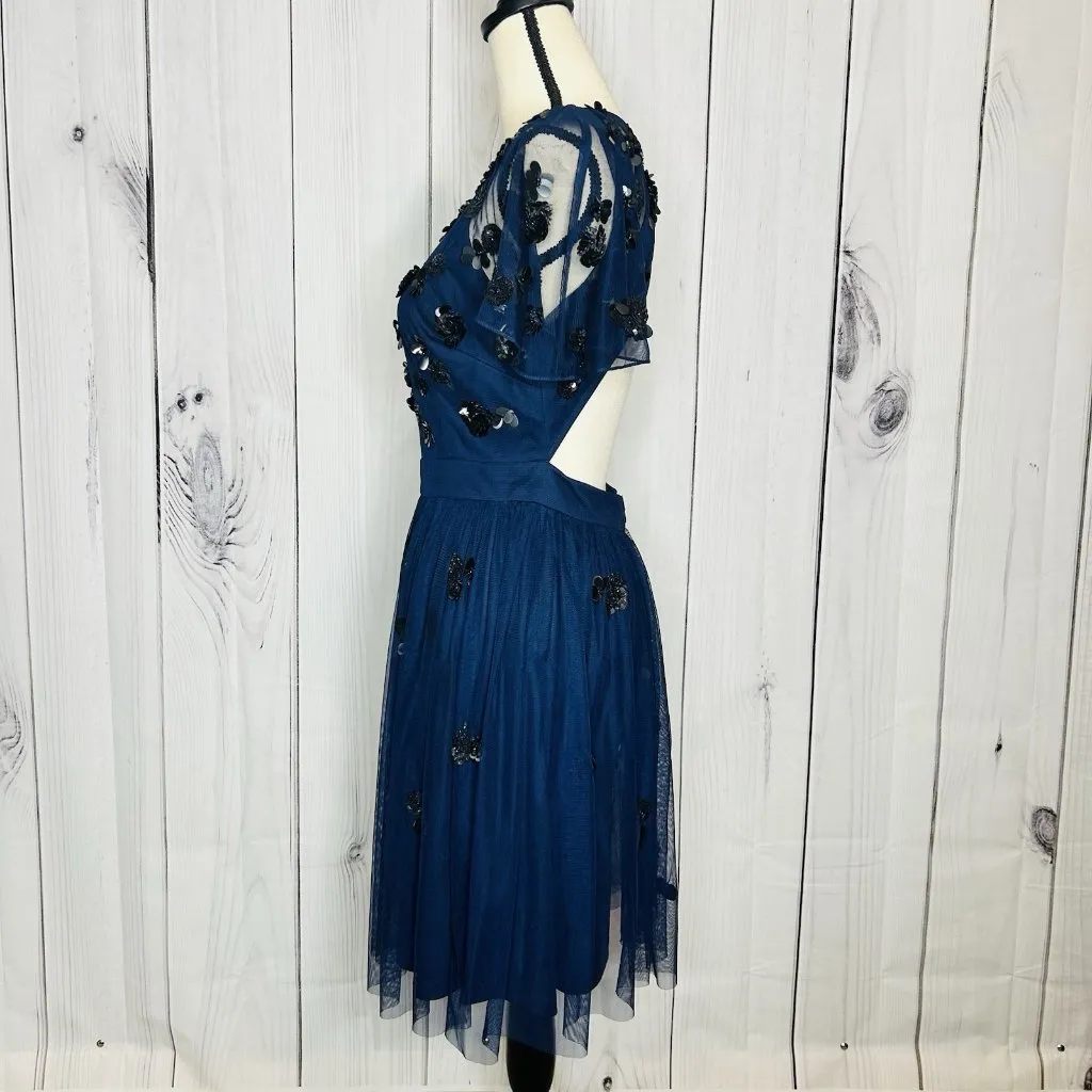 Gianni Bini A-Line Flare Dress Navy Sequin Mesh Tulle Open Back Sz 6 - Image 8