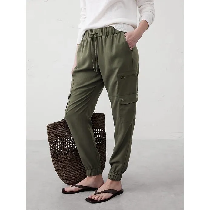 Banana Republic Women Cargo Jogger Pants Green Tencel Drawstring Size XS Utility - Image 2