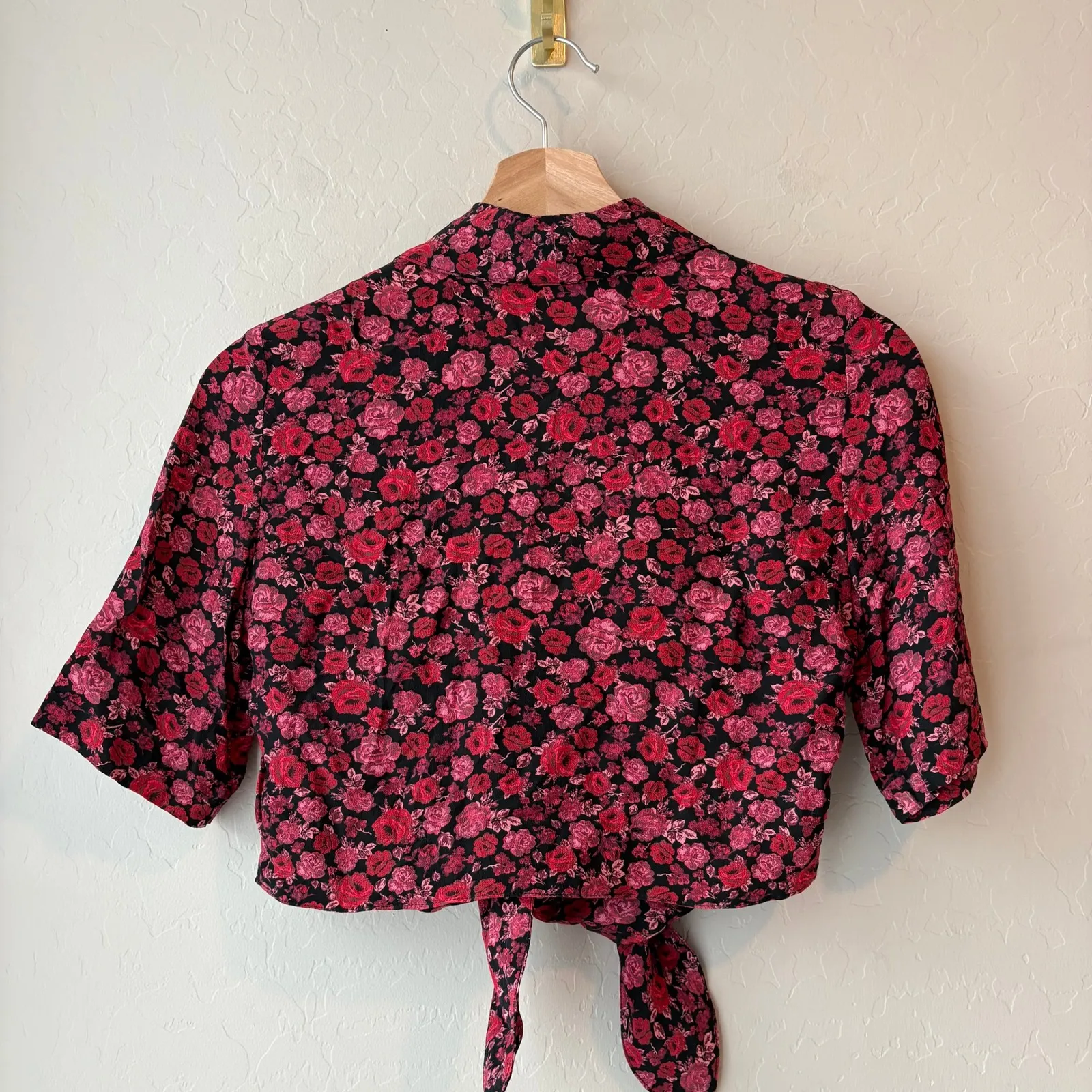 Rouje Paris Blouse Fiora Floral Red Cropped Tie Front Shirt Size 34 Black - Image 5