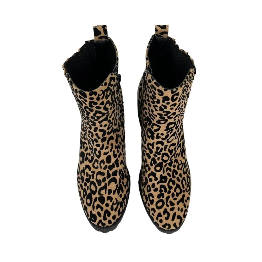Qupid Cheetah Ankle Boots Bootie Animal Print Size 8 Black Tan Chunky Block Heel - Image 8