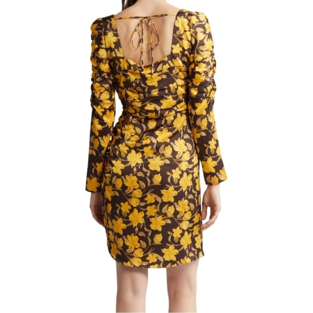 Floret Studios Floral Long Sleeve Ruched Square Neck Dress Yellow Brown XS NWOT - Image 15
