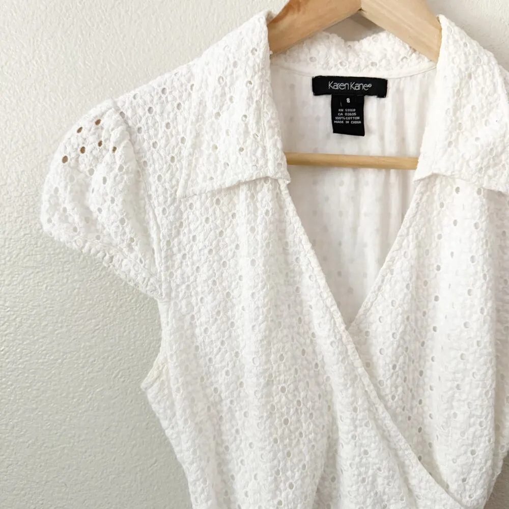 KAREN KANE | White Eyelet Embroidered Wrap Dress Collar Cap Sleeve Tie | Size 8 - Image 6