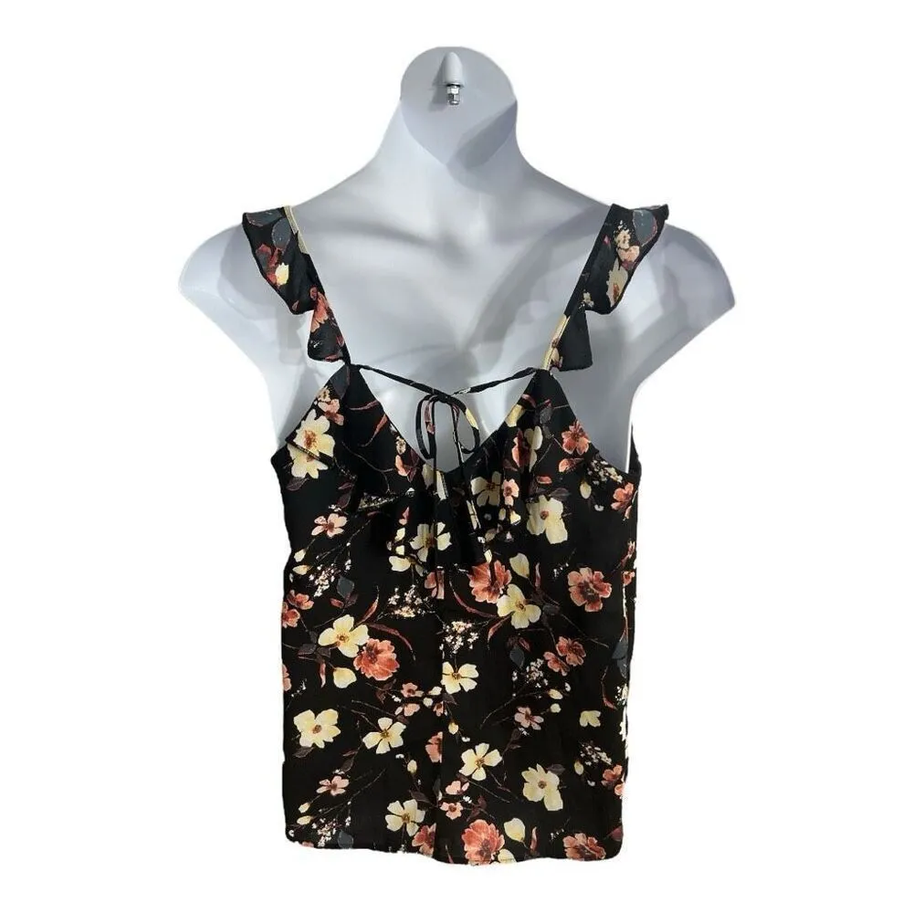 Maurices Black Pink Floral Blouse Size 0 Ruffle Neck Sleeveless Tie Pullover - Image 4