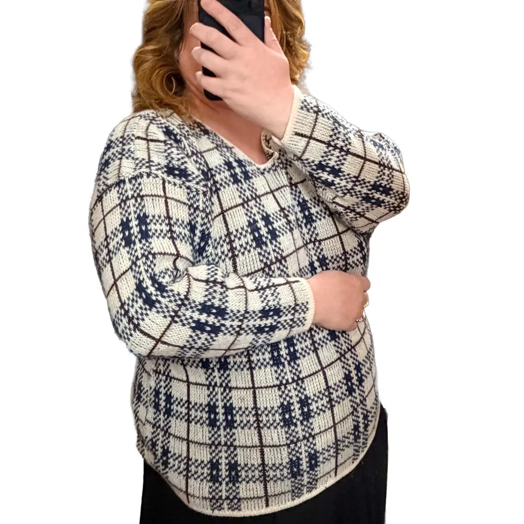 Vintage Huntington Ridge Geometric Sweater XL Navy Cream Burgundy Knit 80s White - Image 9