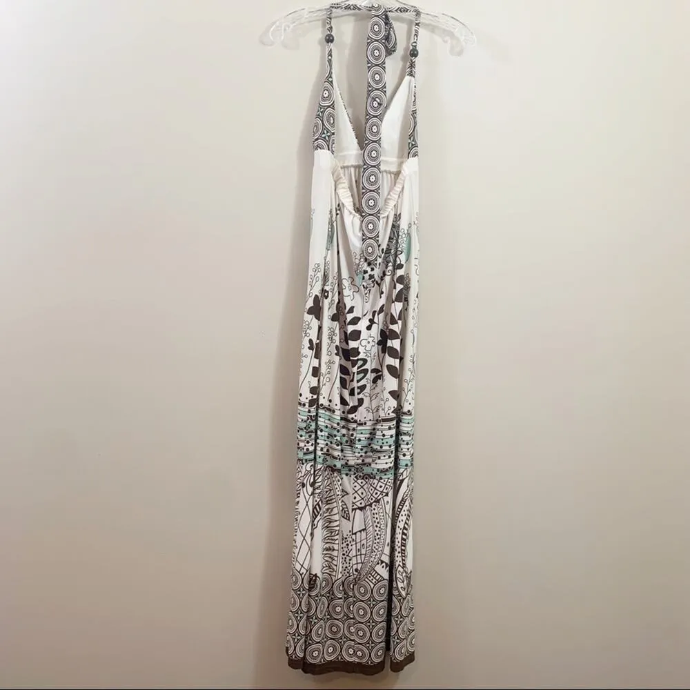 Vintage Y2K Forever 21 Floral Cream/Brown Halter Maxi Dress - Image 4