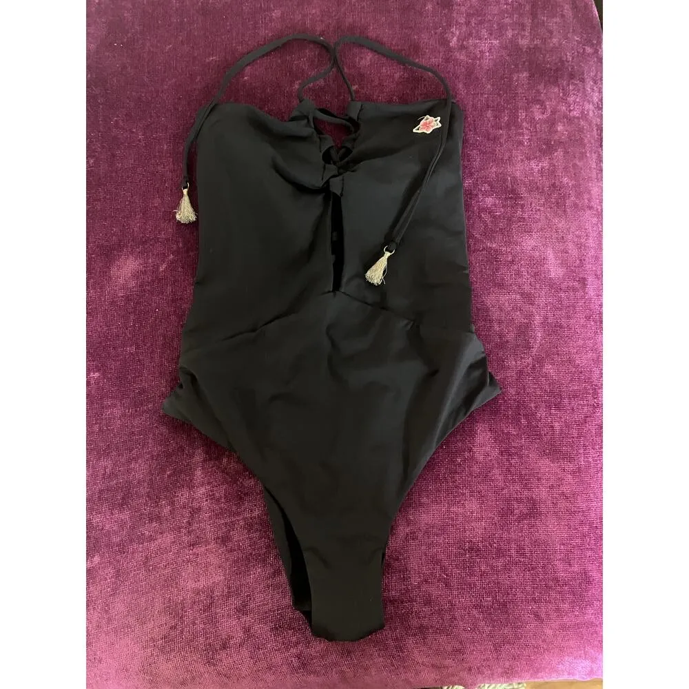 SPIRITUAL GANGSTER Black Lace Up One Piece Swimsuit Size Small S Flower Patch - Image 6