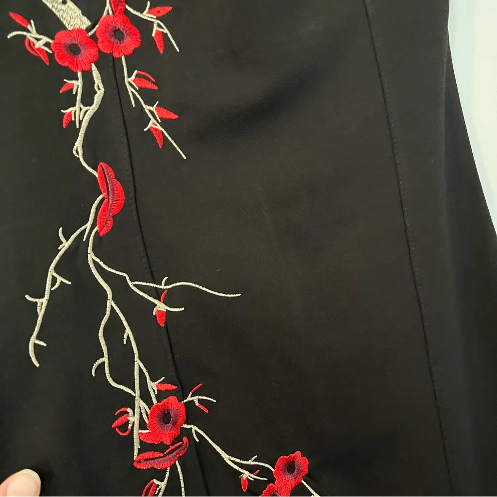 Cheongsam Qipao black cocktail dress lace red blossom embroidery fitted small - Image 13