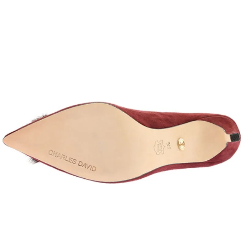 Charles David Suede Duchess Heels w/ Fluffy Pom Accent - Cabernet - $229 NWT! - Image 6