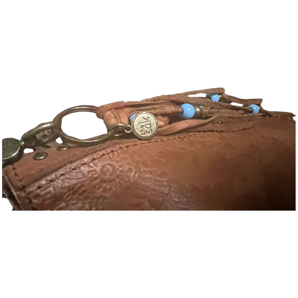 The Sac Embossed Floral Front Leather Shoulder Handbag with Charms. Brown - Image 4