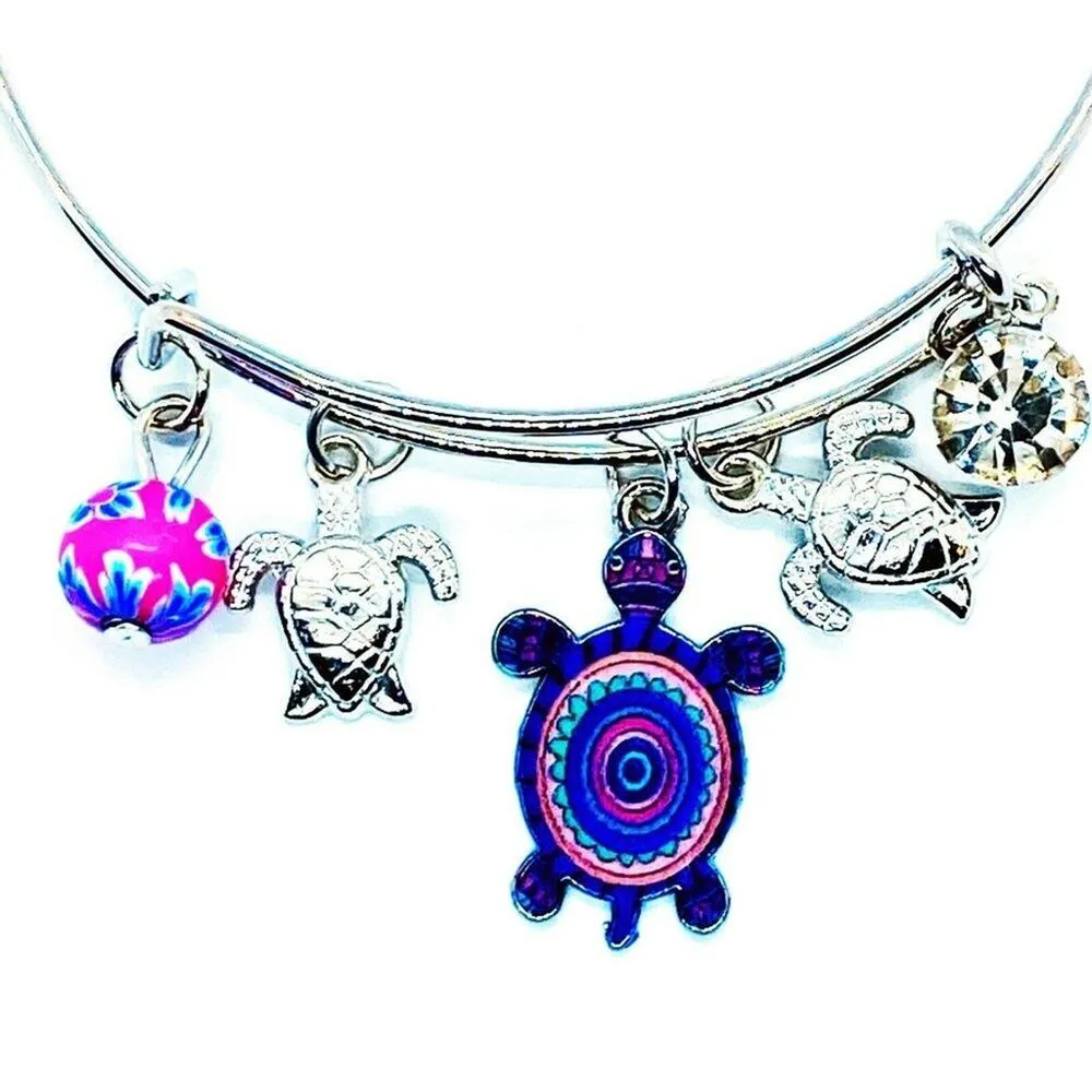 Beaded Sea Turtle Charm Colorful Bangle Bracelet - Image 2