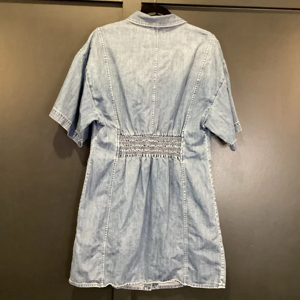 FRAME Seam Detail shoreline wash Short Sleeve Button Up Denim Mini Dress Blue XL - Image 3