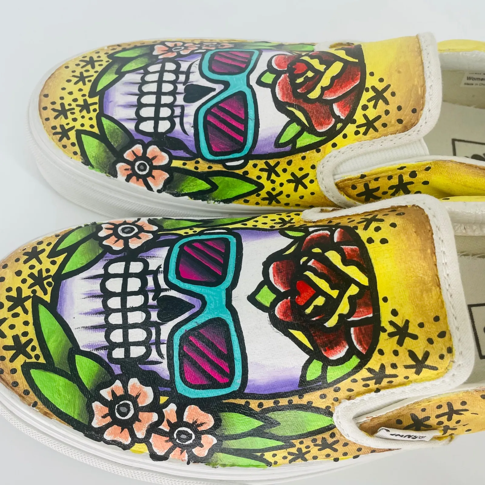 Vans Slip On Custom Painted Shoes Sugar Skull Rose Tattoo Art Yellow Size US 9.5 - Image 5