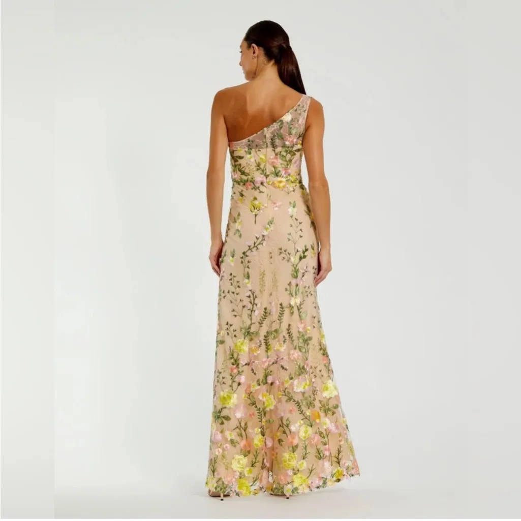 MAC DUGGAL Beige One Shoulder Floral Embroidered Gown in Yellow Multi - Image 5