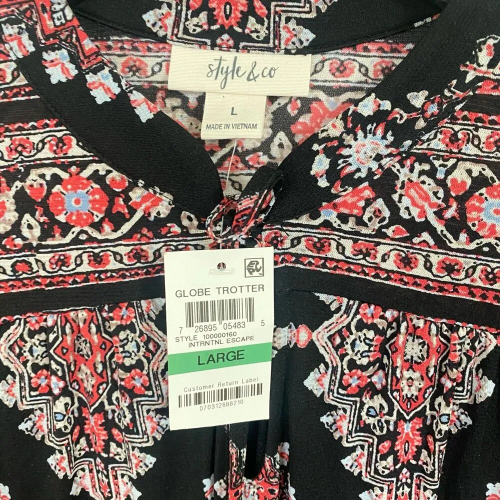 Style & Co Multicolor Blouse Lace Bell Sleeve Aztec Motif Shirt Women's Sz L NWT - Image 9