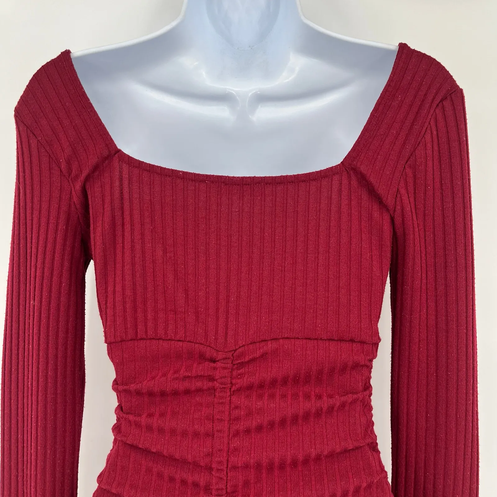 Y2K Milkmaid Ribbed Bodycon Dress Sz XS Ruching Festival Clubwear Coquette Party - Image 8