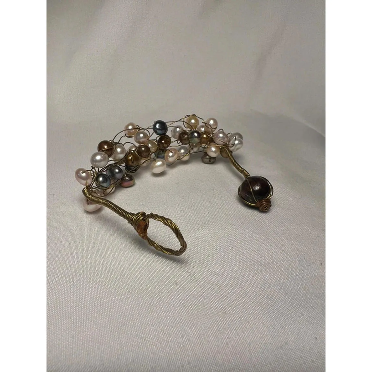 Freshwater Pearl Multicolor boho beachy Wire Wrap Cluster Woven Toggle Bracelet Gold - Image 6