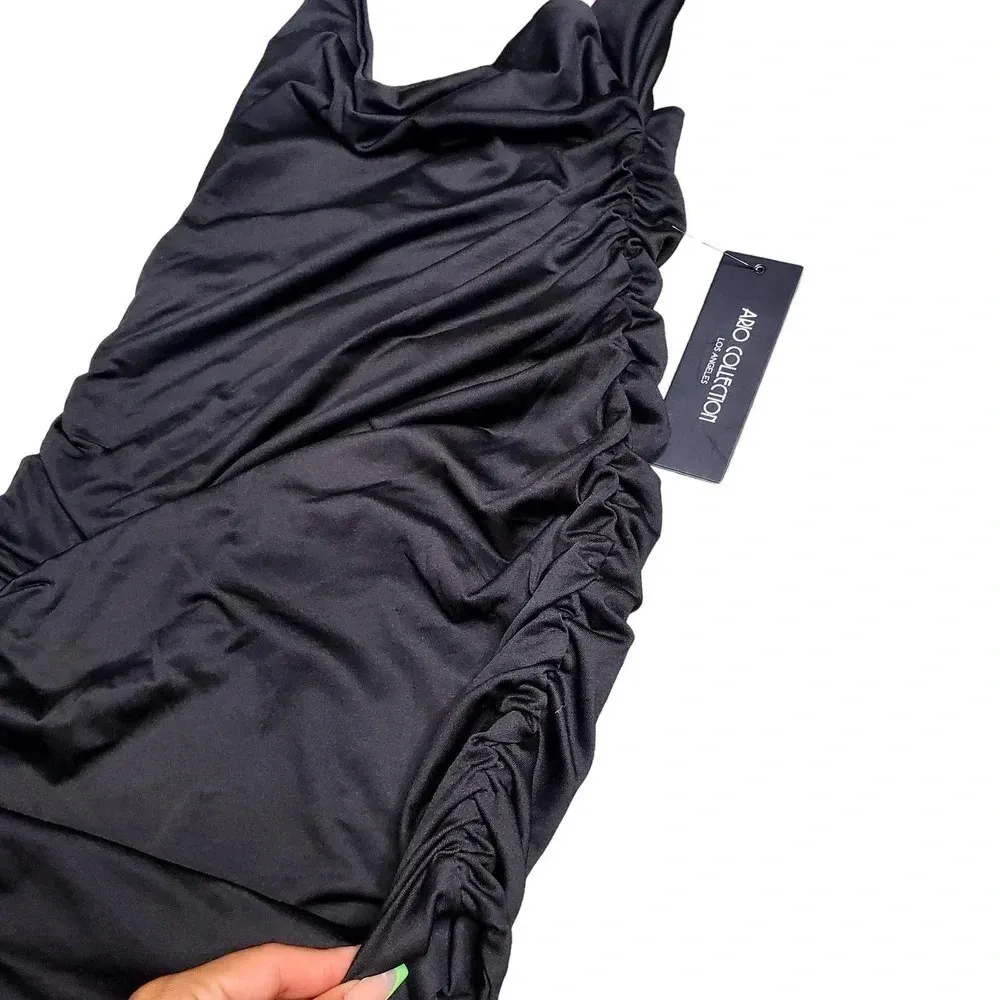 Ario Collection Black Halter Ruched Mini Dress Size M - Image 2
