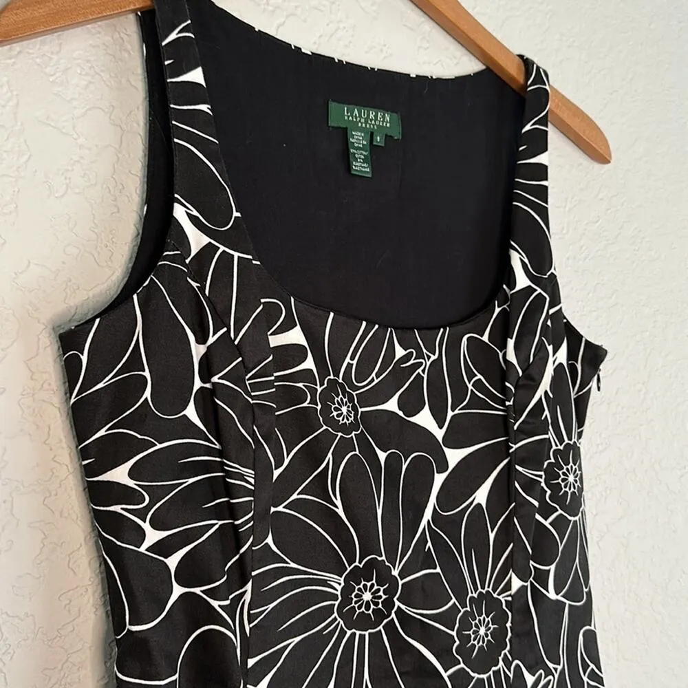 Ralph Lauren Black White Geo Floral Chino Fit Flare Tank Dress Stretchy Flowers - Image 3