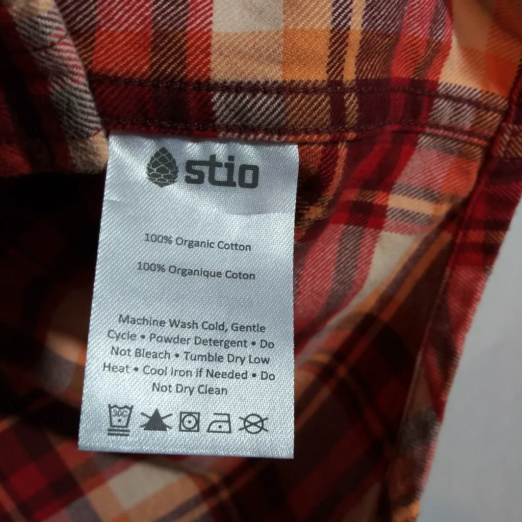 Stio Willow Flannel Shirt Red Orange Plaid Button Top Double Brushed Cotton Sz L Size L - Image 6
