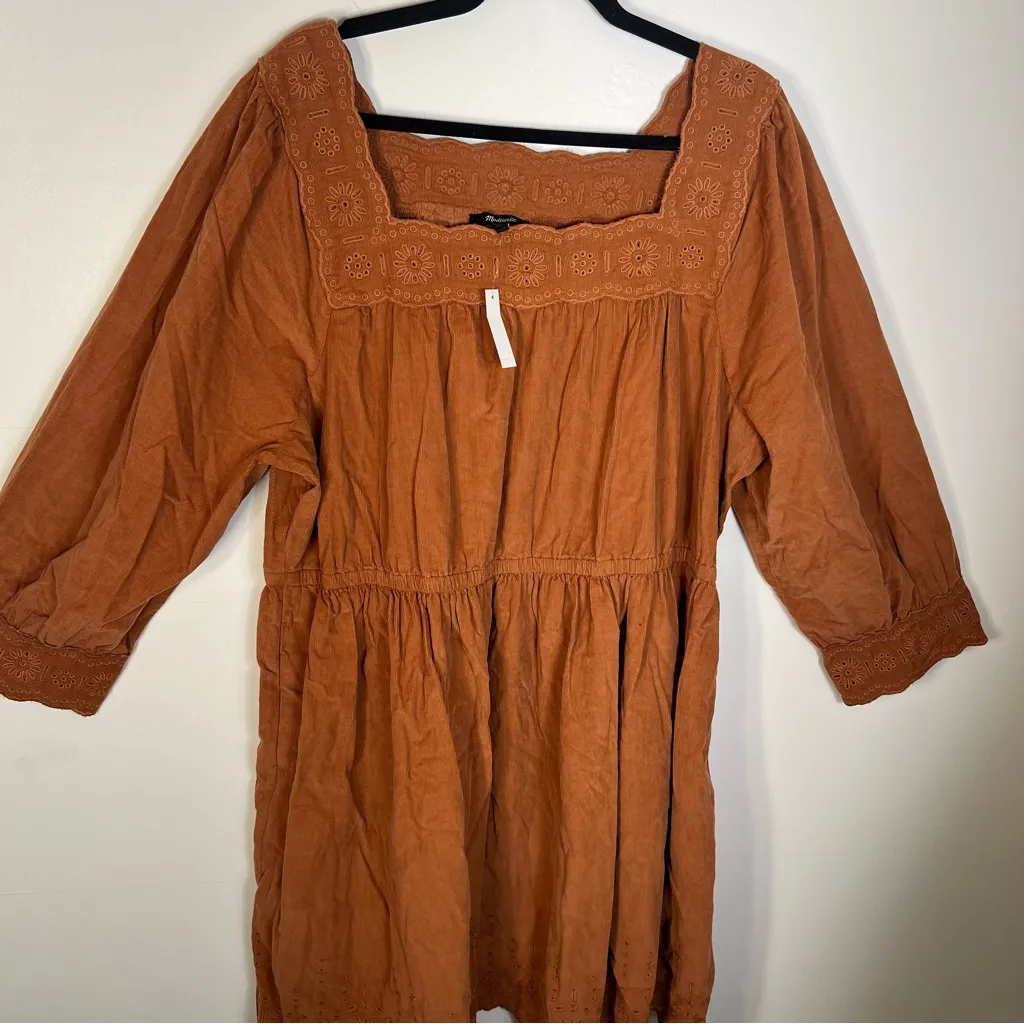 Madewell Terracotta 3/4 puff Sleeve embroidered corduroy square-neck boho Dress - Image 5